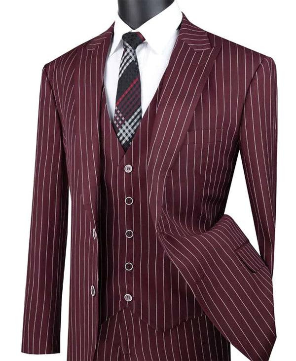 Burgundy Regular Fit 3 Piece Suit 2 Button Gangster Stripe - Suits99