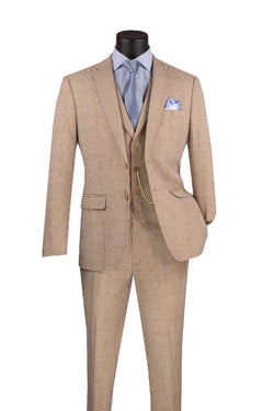 Glen plaid Slim Fit Suit 3 Piece 2 Button in Beige