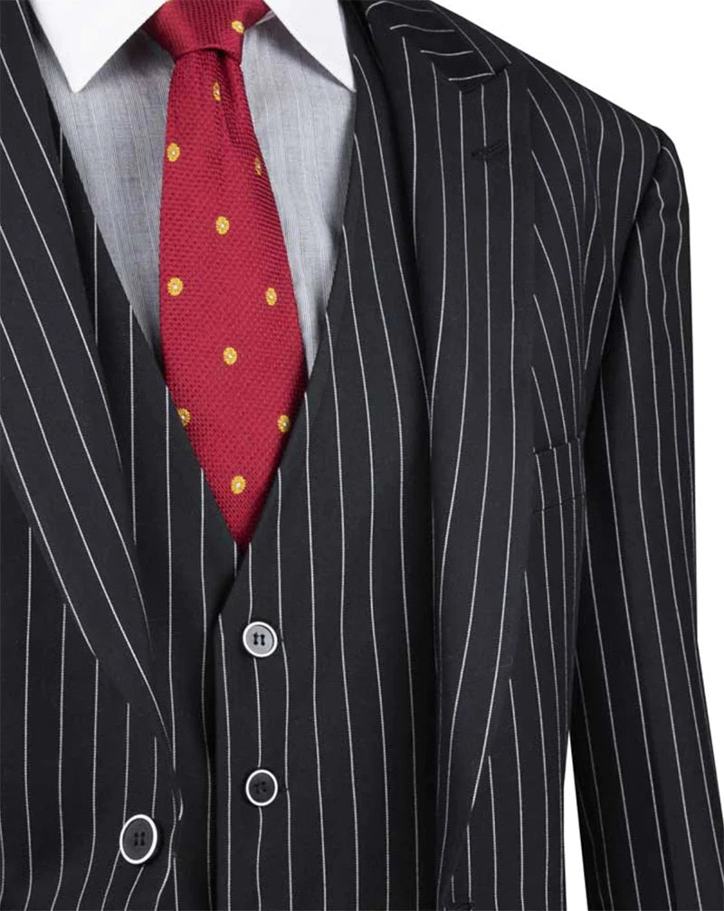Black Regular Fit 3 Piece Suit 2 Button Gangster Stripe