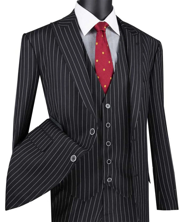 Black Regular Fit 3 Piece Suit 2 Button Gangster Stripe