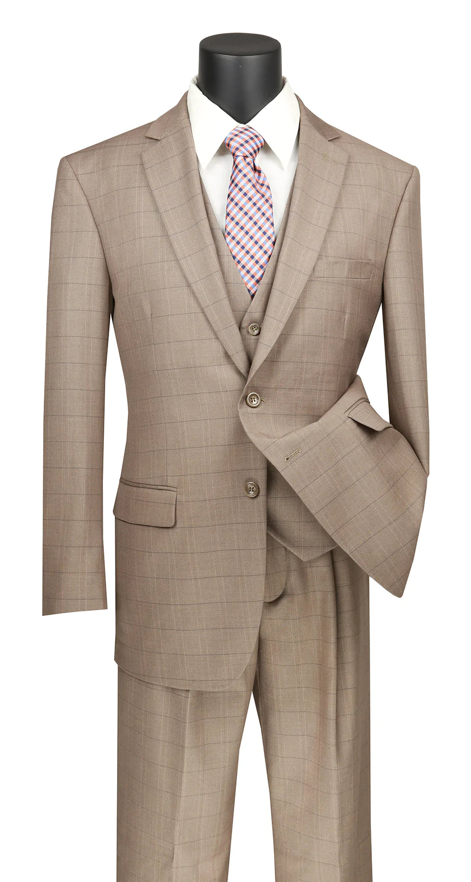 Pommy Collection - Men's Glen Plaid Dress Suit 2 Piece Regular Fit in Tan - Suits99